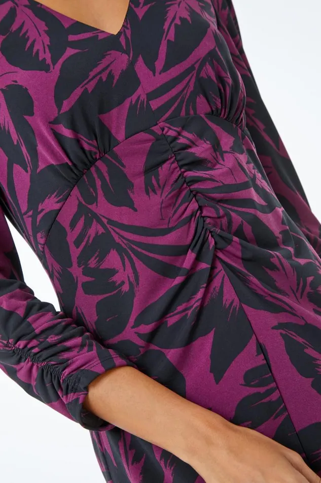 Wine Leaf Print Gathered Midi Dress Women Roman Dresses