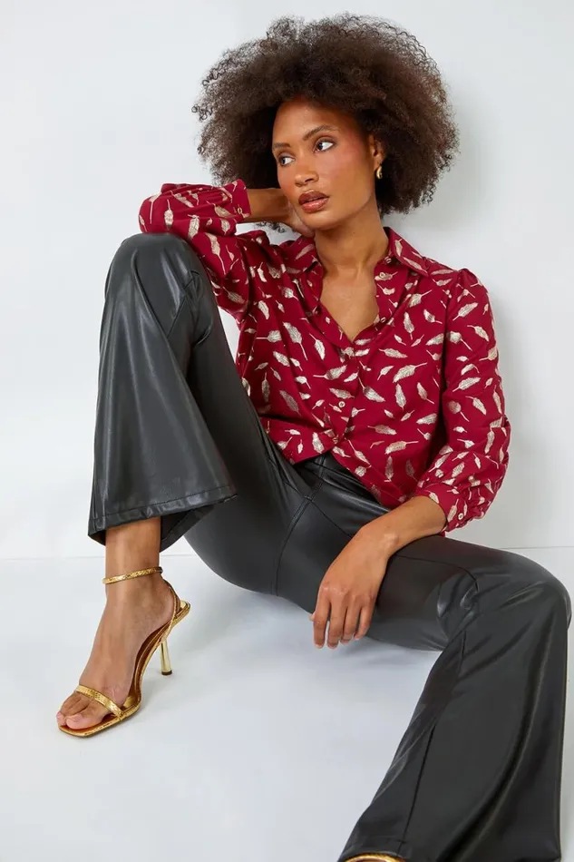 Wine Metallic Feather Print Shirt Women Roman Tops