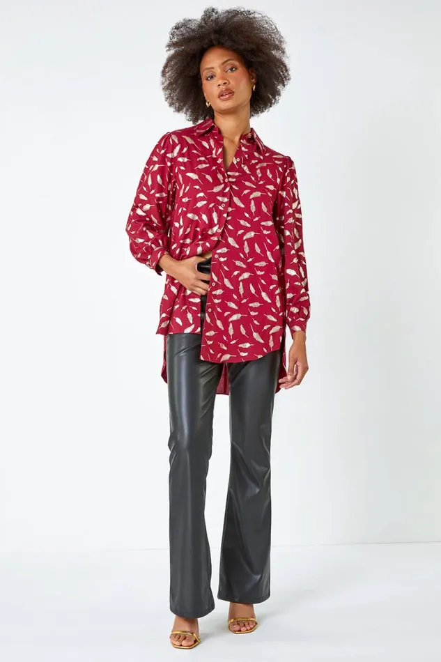 Wine Metallic Feather Print Shirt Women Roman Tops