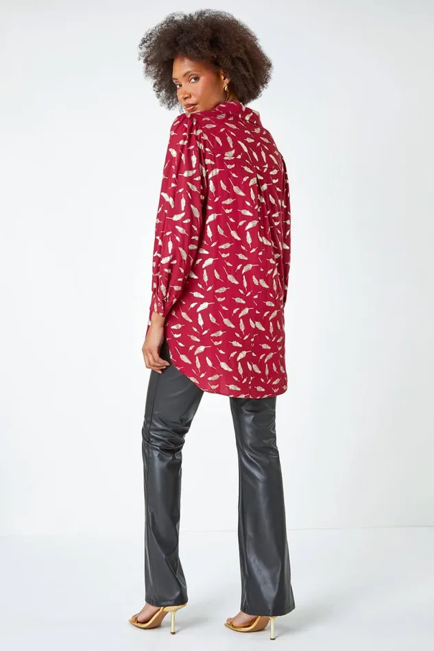 Wine Metallic Feather Print Shirt Women Roman Tops