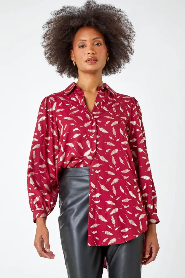 Wine Metallic Feather Print Shirt Women Roman Tops