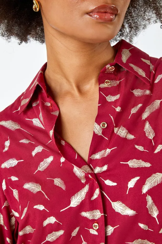 Wine Metallic Feather Print Shirt Women Roman Tops