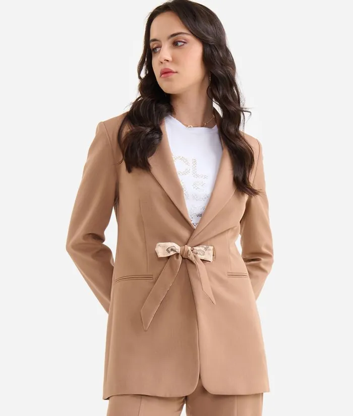 Woman Coats and Jackets Alviero Martini Stretch Fabric Jacket With Geo Classic Waist Ties Camel
