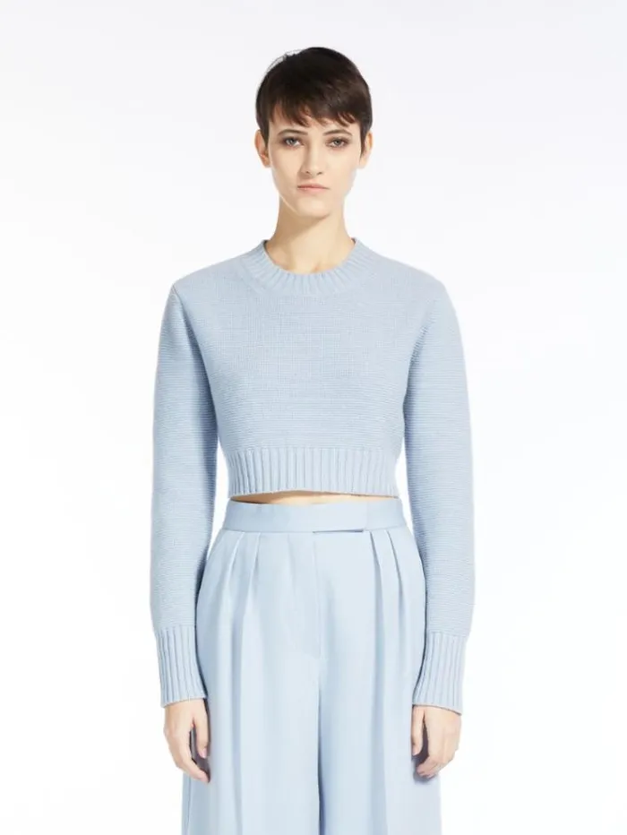 Woman Cropped Cashmere Jumper Light Blue Maxmara Knitwear And Sweatshirts