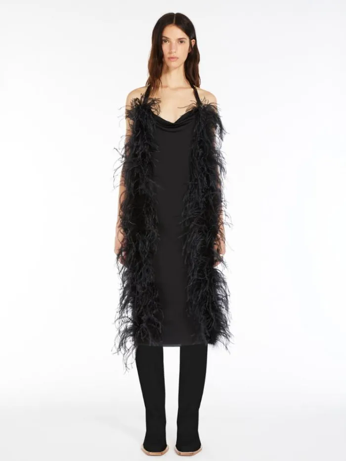 Woman Feather Boaadorned Shiny Jersey Dress Black Maxmara Dresses