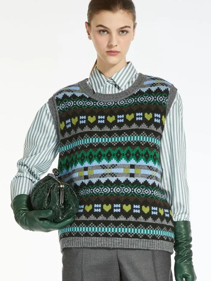 Woman Jacquardknit Wool And Alpaca Gilet Green Maxmara Knitwear And Sweatshirts Woman Jacquardknit Wool And Alpaca Gilet Green Maxmara Knitwear And Sweatshirts