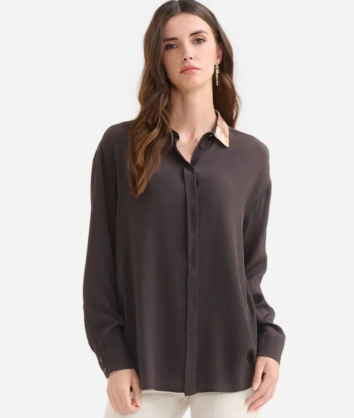 Woman Knitwears Shirts and Tops Alviero Martini Crpe De Chine Shirt With Geo Classic Collar Chocolate