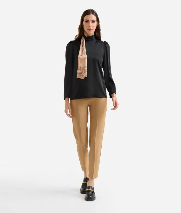 Woman Knitwears Shirts and Tops Alviero Martini Fluid Satin Blouse With Geo Classic Print Scarf Detail Black Woman Knitwears Shirts and Tops Alviero Martini Fluid Satin Blouse With Geo Classic Print Scarf Detail Black