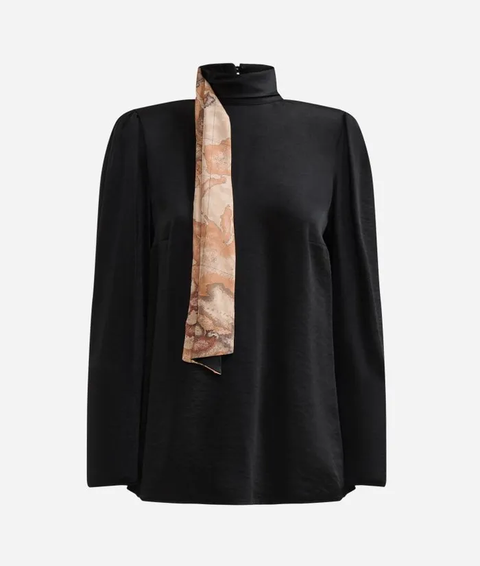Woman Knitwears Shirts and Tops Alviero Martini Fluid Satin Blouse With Geo Classic Print Scarf Detail Black