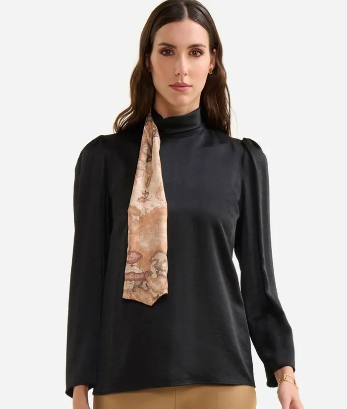 Woman Knitwears Shirts and Tops Alviero Martini Fluid Satin Blouse With Geo Classic Print Scarf Detail Black