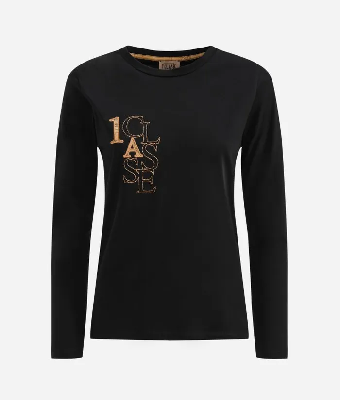 Woman Knitwears Shirts and Tops Alviero Martini Stretch Cotton Jersey TShirt With Logo Embroidery Black