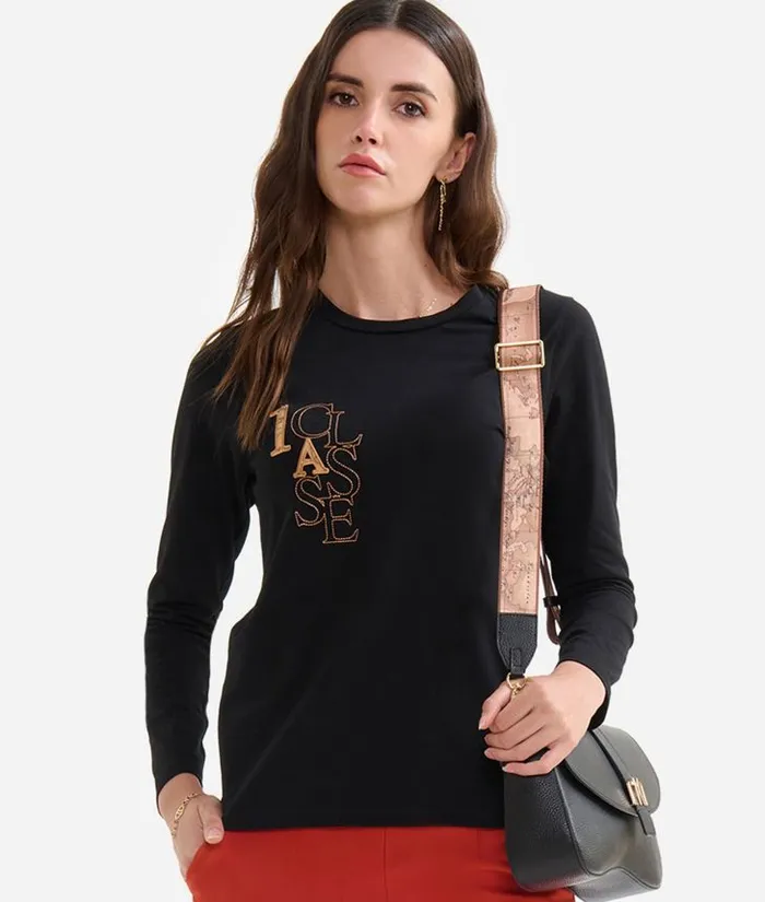 Woman Knitwears Shirts and Tops Alviero Martini Stretch Cotton Jersey TShirt With Logo Embroidery Black