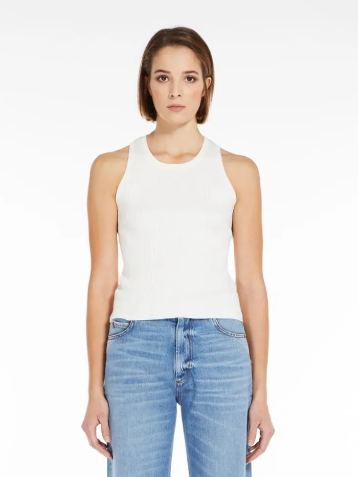 Woman Ribbed Top In Stretch Knit White Maxmara Knitwear And Sweatshirts