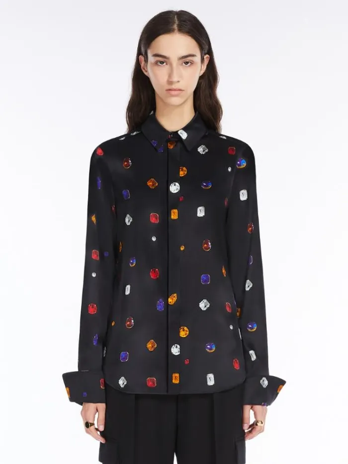 Woman Satin Shirt Printed With Gem Pattern Black Maxmara Shirts And Tops