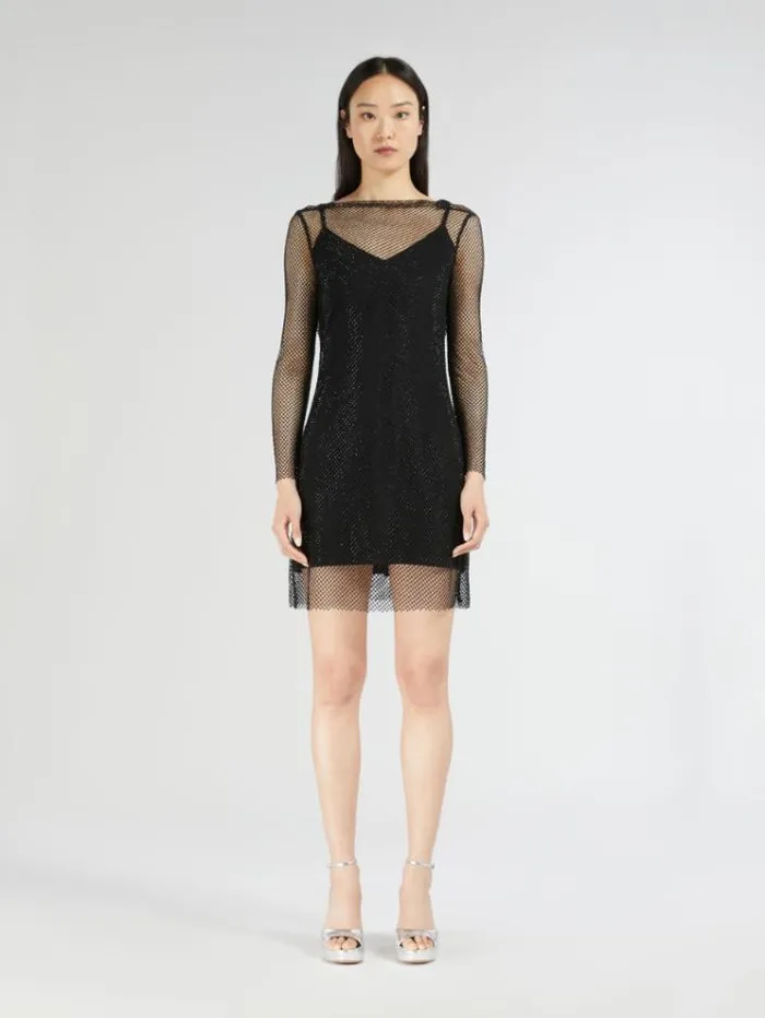 Woman Short Embroidered Mesh Dress With Crystals Black Maxmara Bridal Clothing