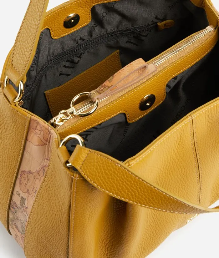 Woman Top Handle Bags Alviero Martini Universe Leather Bowler Bag With Crossbody Strap Oil Yellow