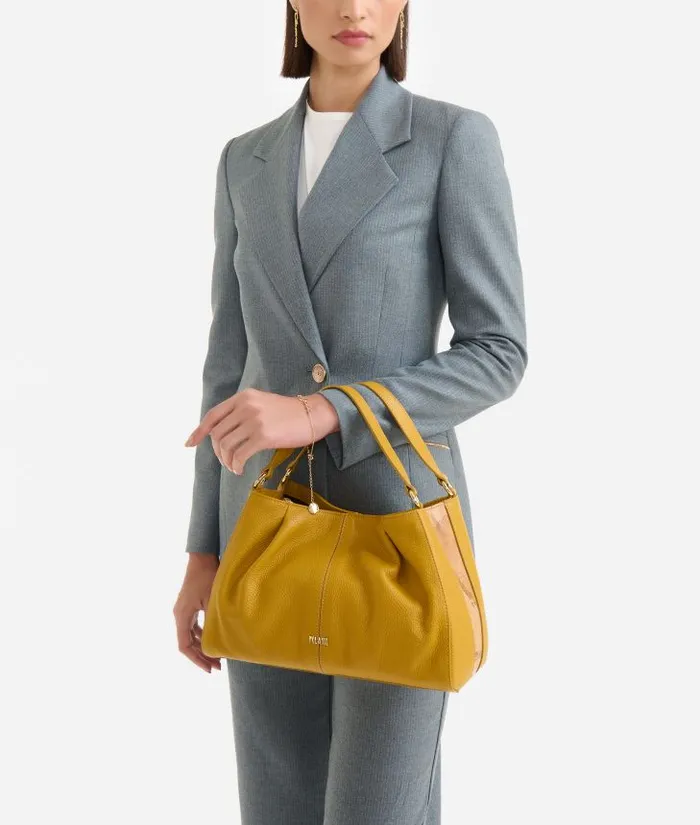 Woman Top Handle Bags Alviero Martini Universe Leather Bowler Bag With Crossbody Strap Oil Yellow