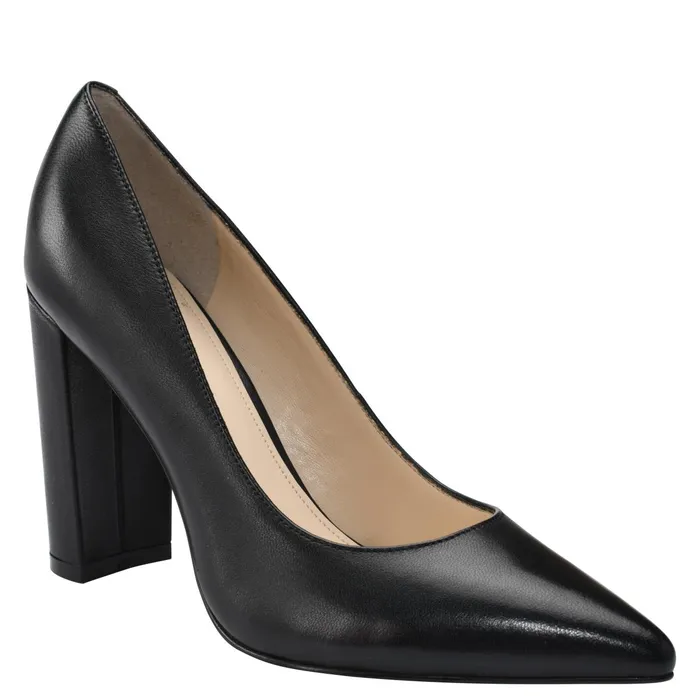 Women Abilene Block Heel Pointy Toe Pump Black Leather Marc Fisher Heels and Pumps