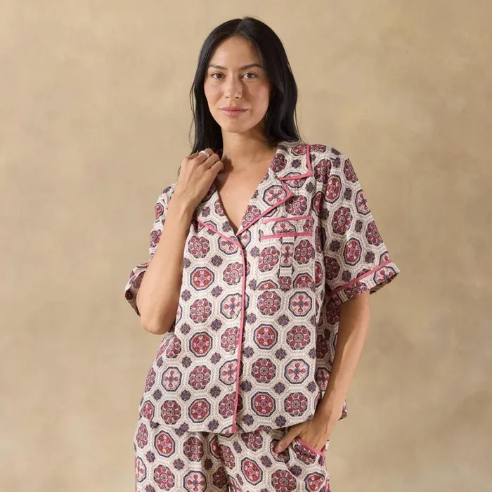 Women Abstract Gardens Pajama Top Vanilla Sundance Catalog Tops