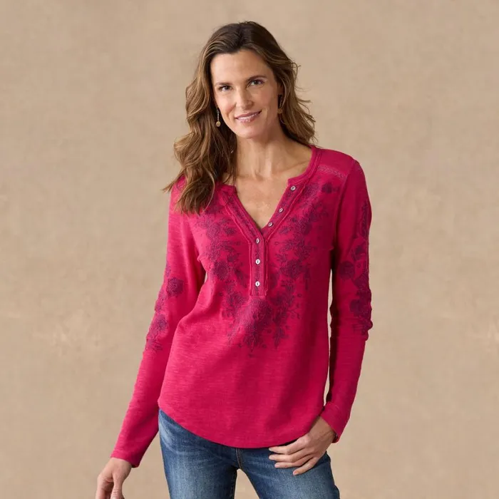 Women Artisan Floral Henley Cherry Sundance Catalog Tops