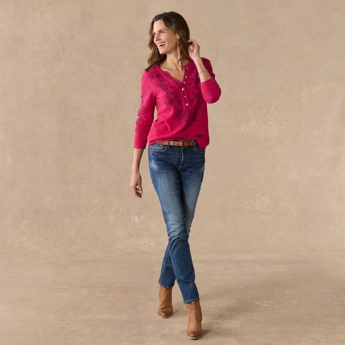 Women Artisan Floral Henley Cherry Sundance Catalog Tops Women Artisan Floral Henley Cherry Sundance Catalog Tops