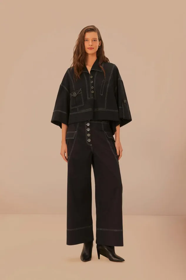 Women Black Low Waisted Topstiched Pants Black FARM Rio Pants