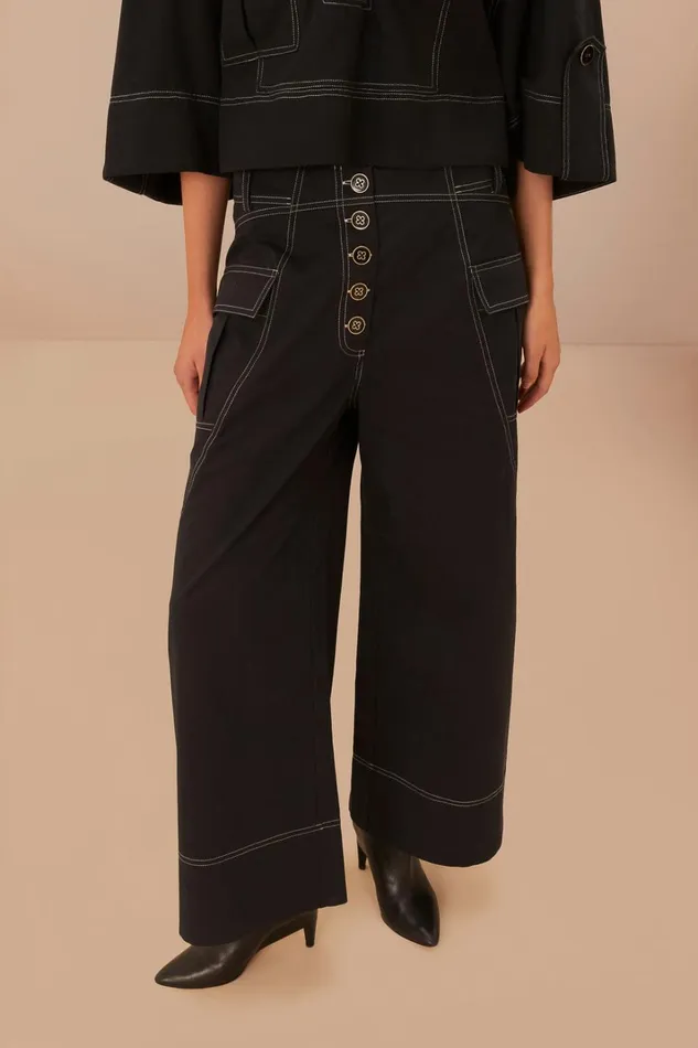 Women Black Low Waisted Topstiched Pants Black FARM Rio Pants