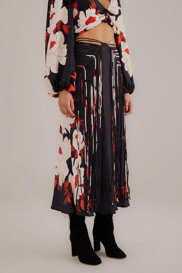 Women Black Peony Fringe Midi Skirt Peony Black FARM Rio Skirts