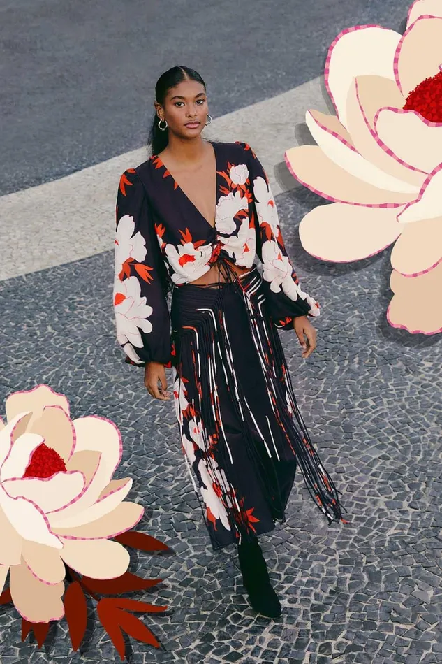 Women Black Peony Fringe Midi Skirt Peony Black FARM Rio Skirts