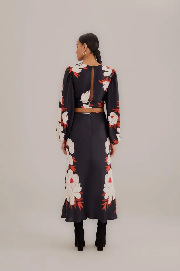 Women Black Peony Fringe Midi Skirt Peony Black FARM Rio Skirts