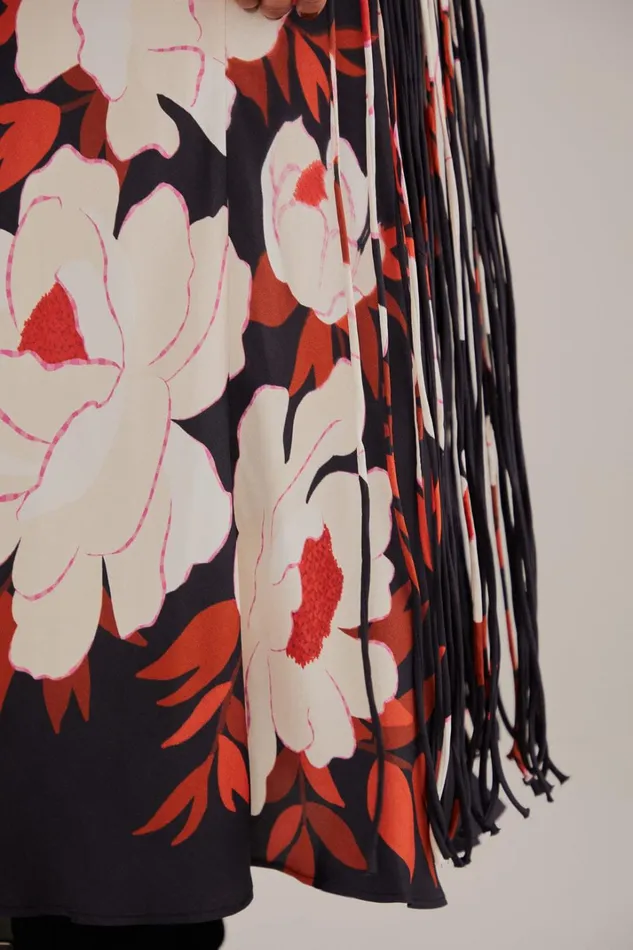 Women Black Peony Fringe Midi Skirt Peony Black FARM Rio Skirts