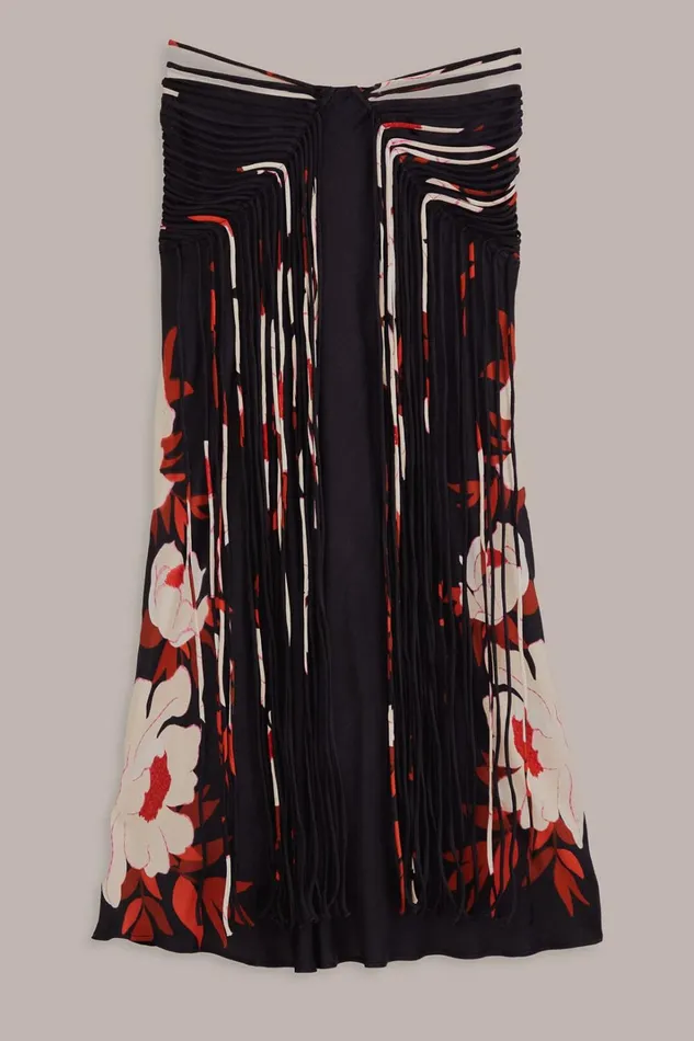 Women Black Peony Fringe Midi Skirt Peony Black FARM Rio Skirts