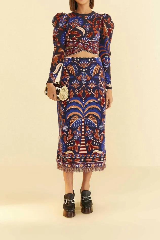 Women Blue Nature Beauty Scarf Knit Midi Skirt Nature Beauty Blue FARM Rio Skirts Women Blue Nature Beauty Scarf Knit Midi Skirt Nature Beauty Blue FARM Rio Skirts