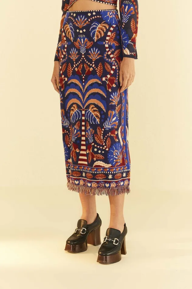 Women Blue Nature Beauty Scarf Knit Midi Skirt Nature Beauty Blue FARM Rio Skirts