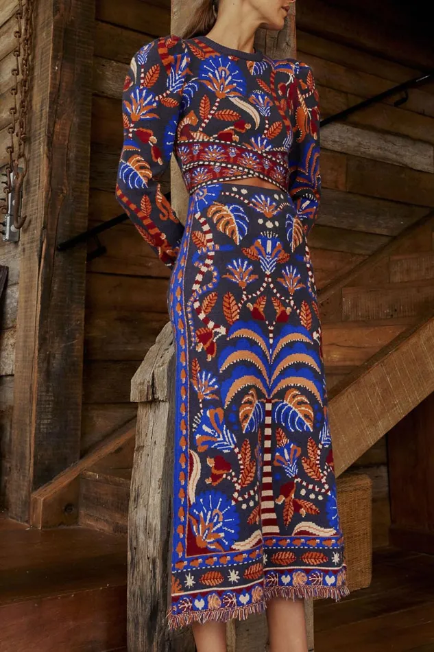 Women Blue Nature Beauty Scarf Knit Midi Skirt Nature Beauty Blue FARM Rio Skirts