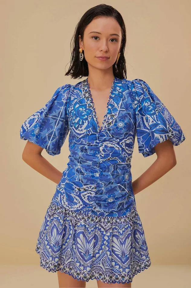 Women Blue Tile Dream Short Sleeve Mini Dress Tile Dream Multicolor FARM Rio Mini Dresses