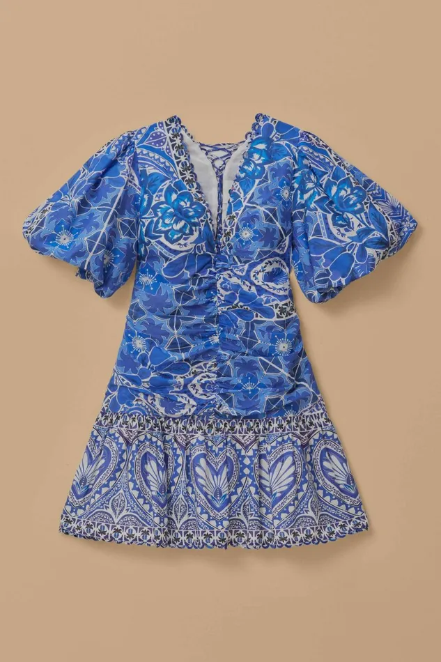 Women Blue Tile Dream Short Sleeve Mini Dress Tile Dream Multicolor FARM Rio Mini Dresses