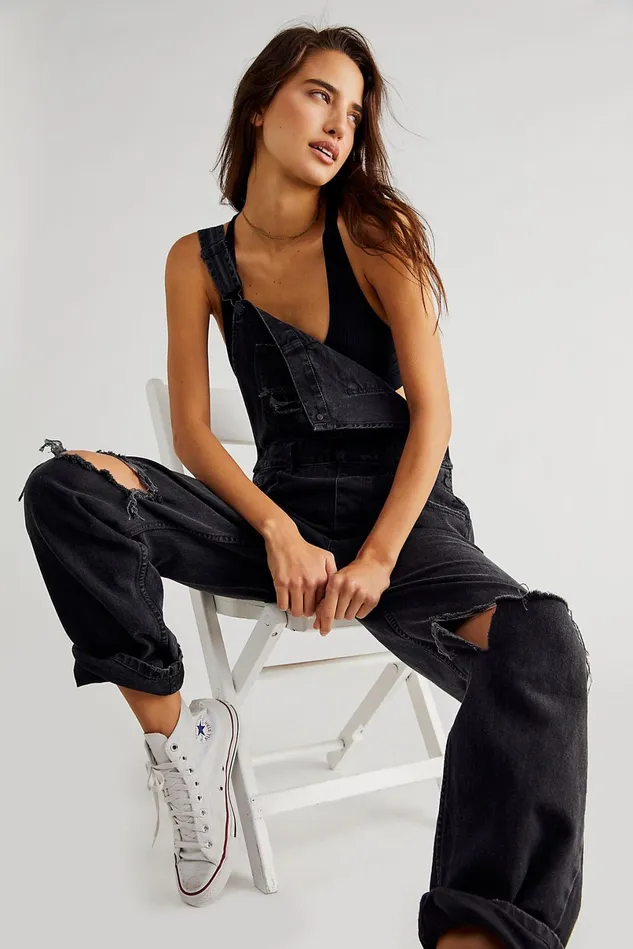 Women Boyfriend Jeans Free People Ziggy Denim Overalls Mineral Black Accidental Rip