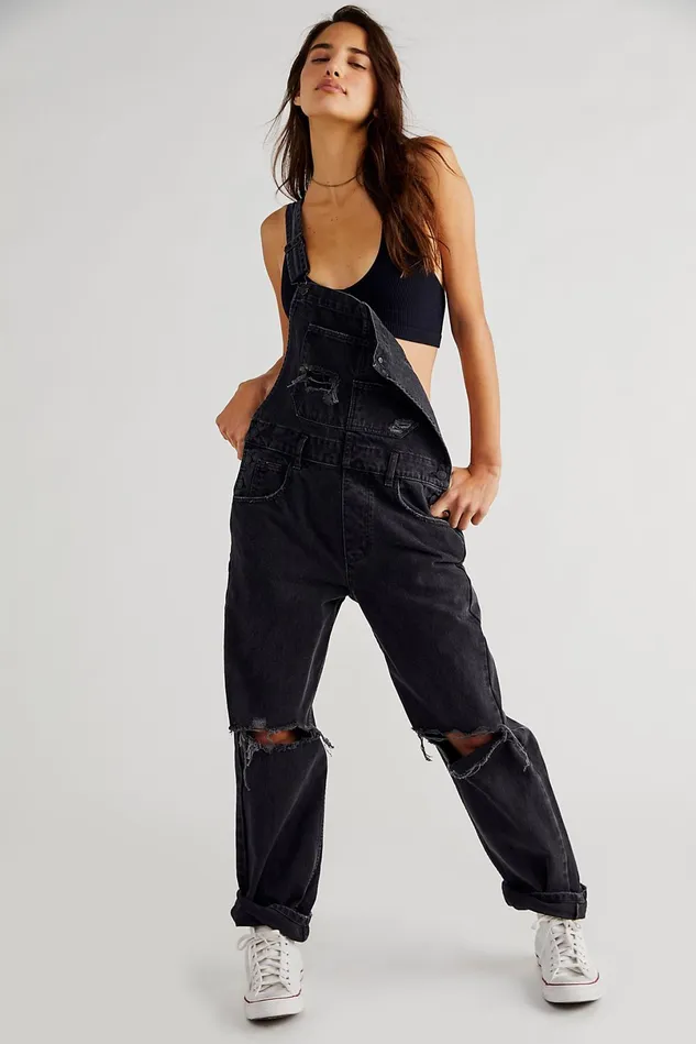 Women Boyfriend Jeans Free People Ziggy Denim Overalls Mineral Black Accidental Rip
