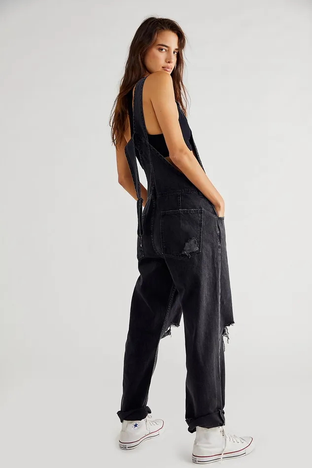 Women Boyfriend Jeans Free People Ziggy Denim Overalls Mineral Black Accidental Rip