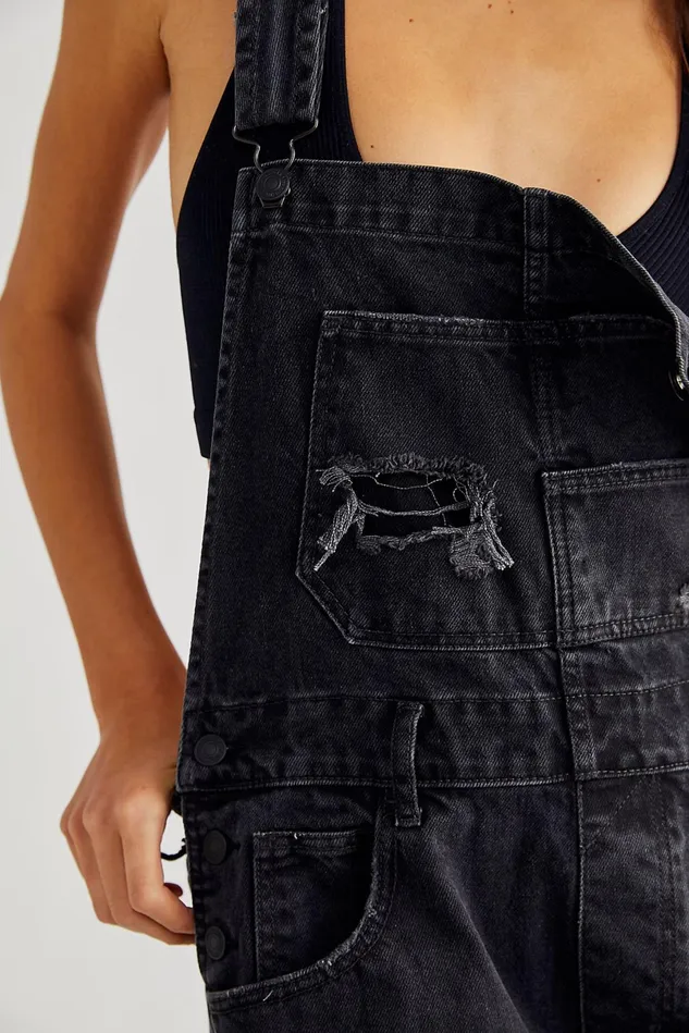 Women Boyfriend Jeans Free People Ziggy Denim Overalls Mineral Black Accidental Rip