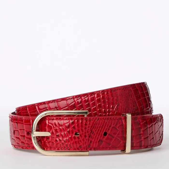 Women Brahmin Belts Medium Leather Gold Buckle Belt Carnation Classic Croc