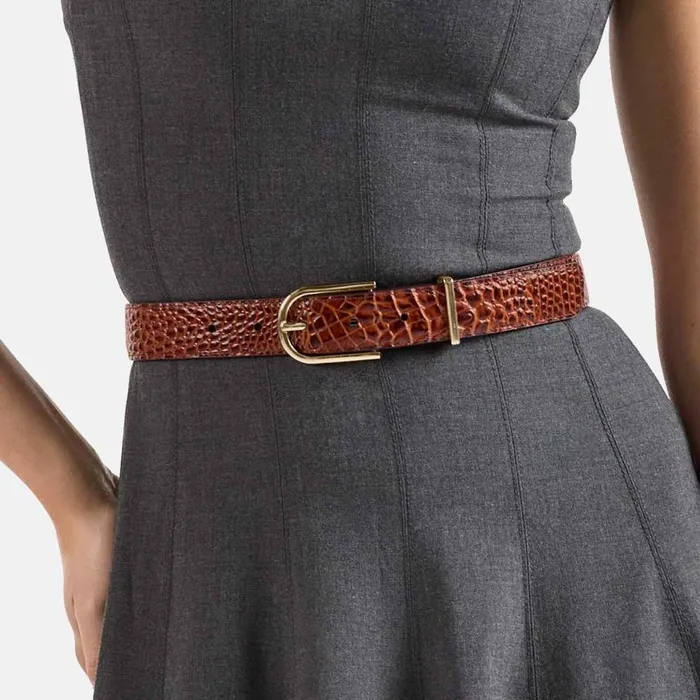 Women Brahmin Belts Medium Leather Gold Buckle Belt Carnation Classic Croc