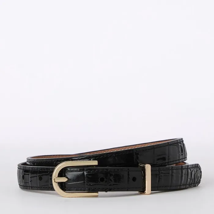 Women Brahmin Belts Skinny Leather Gold Buckle Belt Black Classic Croc