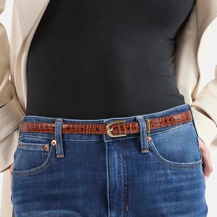 Women Brahmin Belts Skinny Leather Gold Buckle Belt Carnation Classic Croc