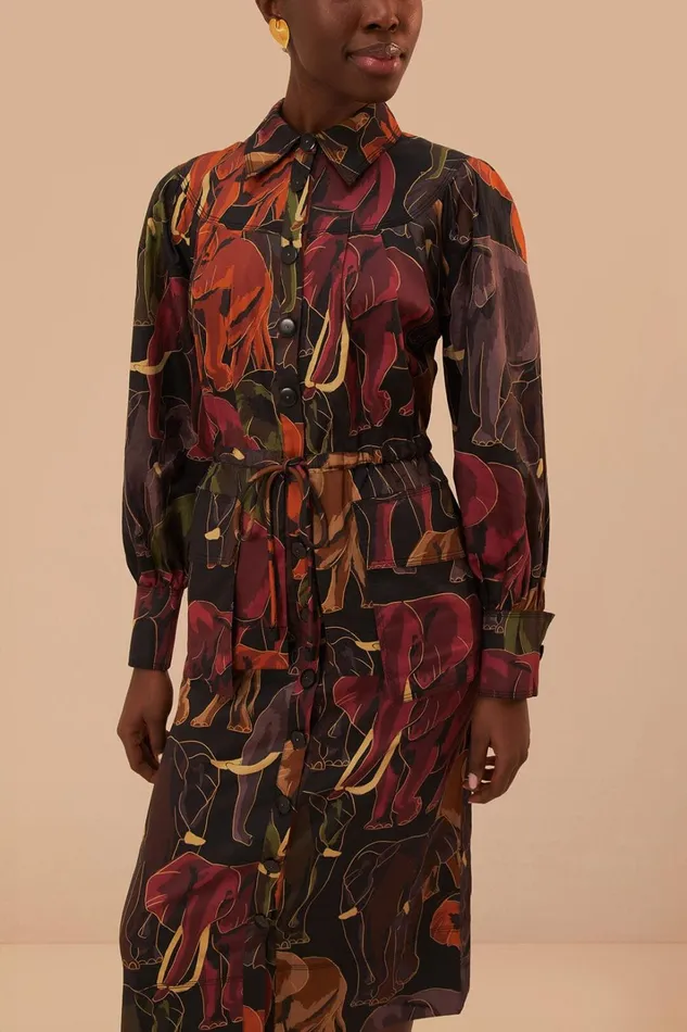 Women Brown Elephants Long Sleeve Midi Dress Elephants Brown FARM Rio Midi Dresses