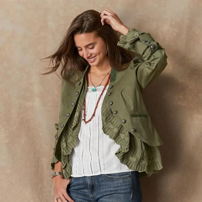Women Caroline Ruffle Jacket Chive Sundance Catalog Jackets and Coats
