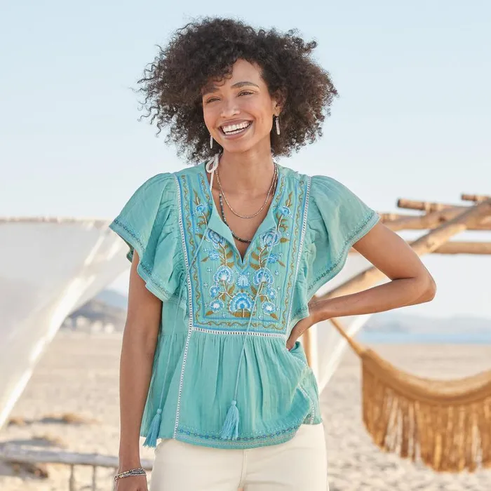 Women Charming Days Top Turquoise Sundance Catalog Tops