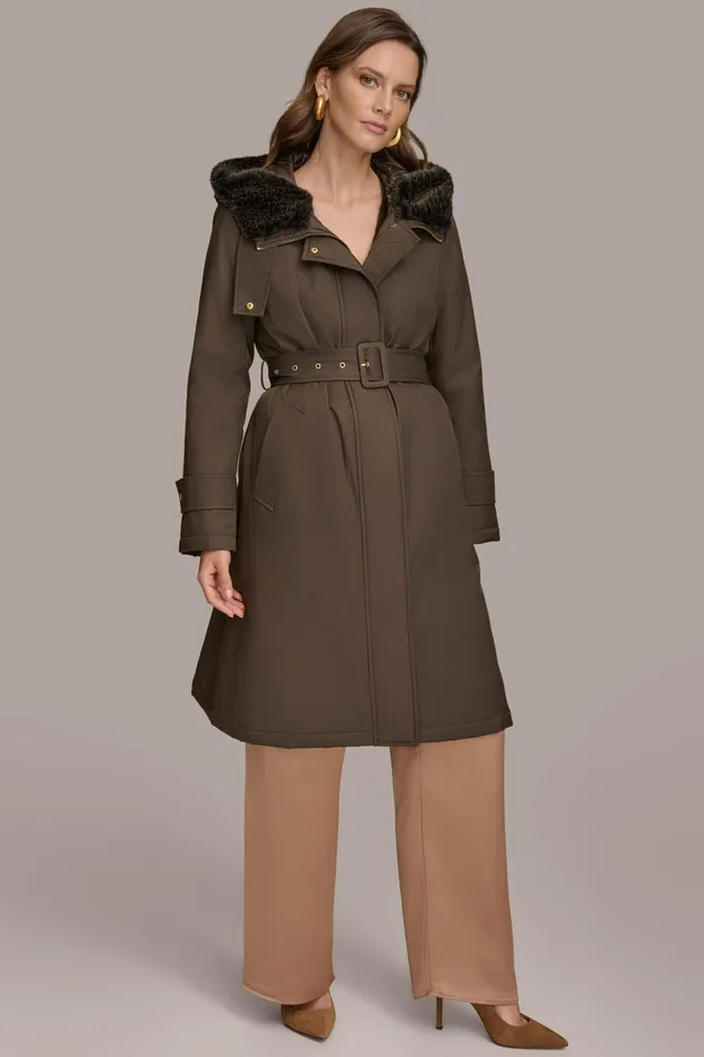 Women Coats And Jackets Donna Karan FAUX FUR TRIM LINED RAIN COAT Brown