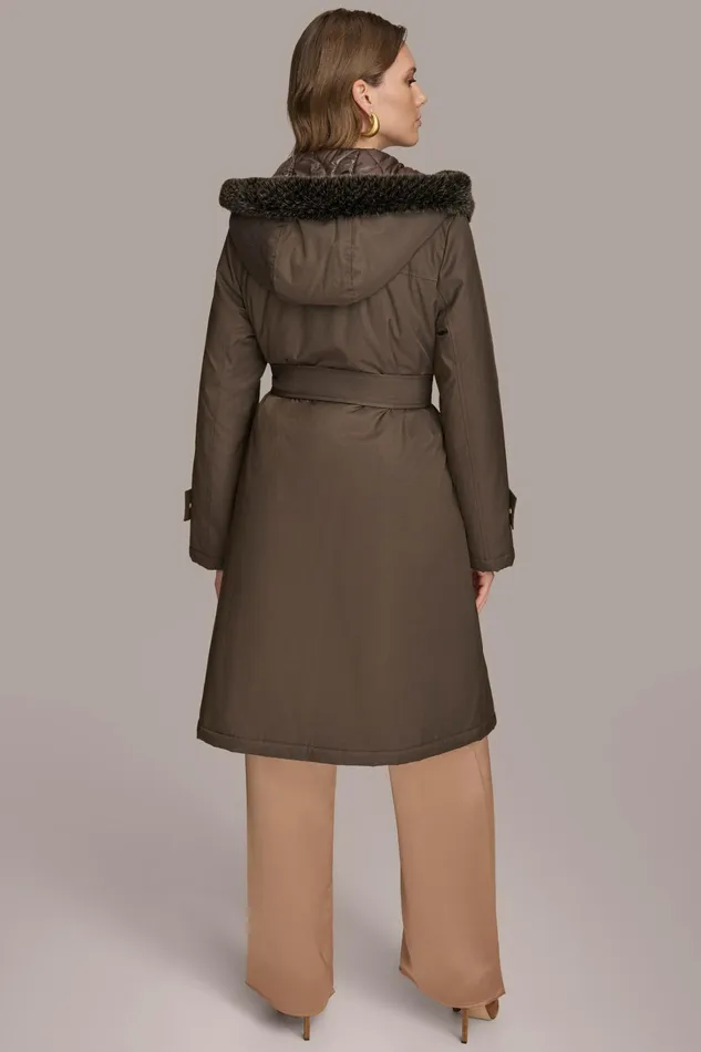 Women Coats And Jackets Donna Karan FAUX FUR TRIM LINED RAIN COAT Brown